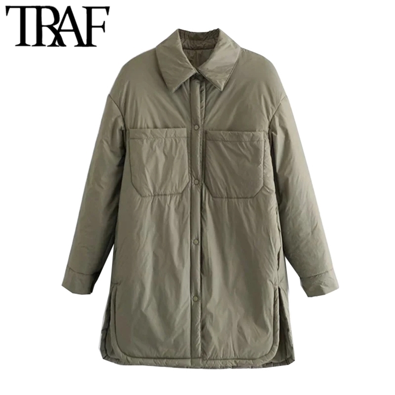 

TRAF Women Fashion With Pockets Padded Loose Thin Jacket Coat Vintage Long Sleeve Side Vents Female Outerwear Chic Overshirt 211018, As picture