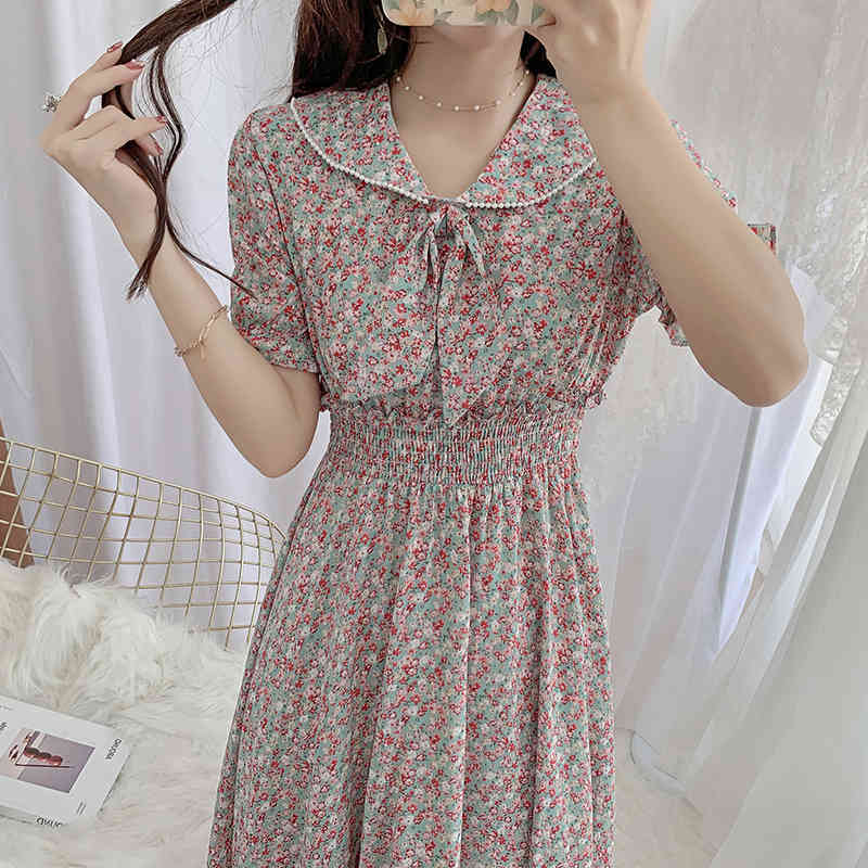 

Summer Fashion Chic Sweet Bow Peter Pan Collar Floral Chiffon Dress Retro Elastic Waist Casual Slim Party Dress 210518, Photo color