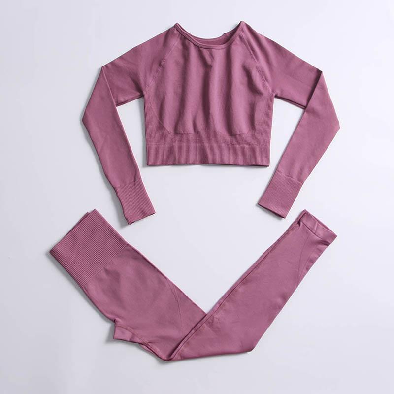 

Yoga Outfit Set For Women 2-Piece Seamless Workout Shirts And High Waist Running Leggings Gym Clothing Long Sleeve Crop Top Sports, Purple