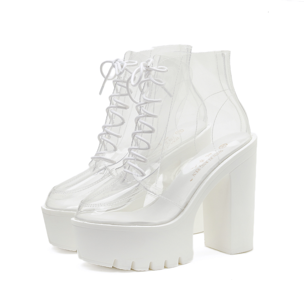 

dress shoes thick heel super high heels women's sandal boots transparent lace-up round head rainy day waterproof naked ejie, Black