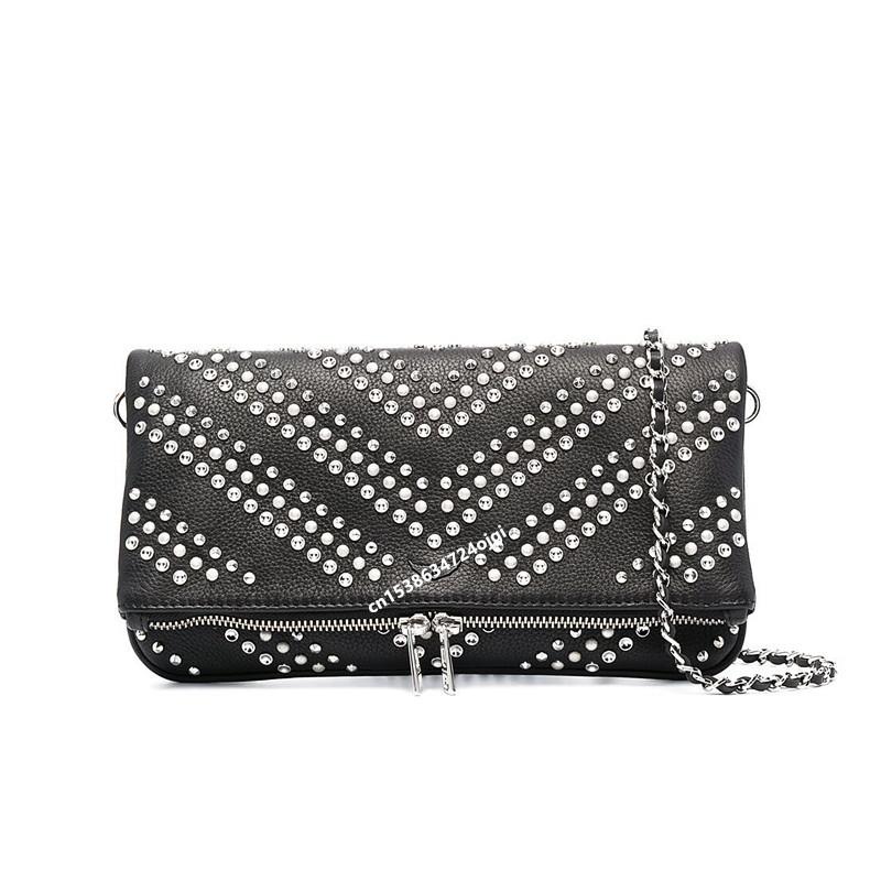 

Style Genuine Leather Rivets Decoration Women Single Shoulder Bags Fashion Wild Chains Lady Messenger Bag Waist