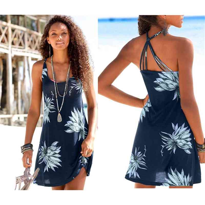 

2021 new print sling summer dress sexy A-line beach skirt women' wear, Navy blue