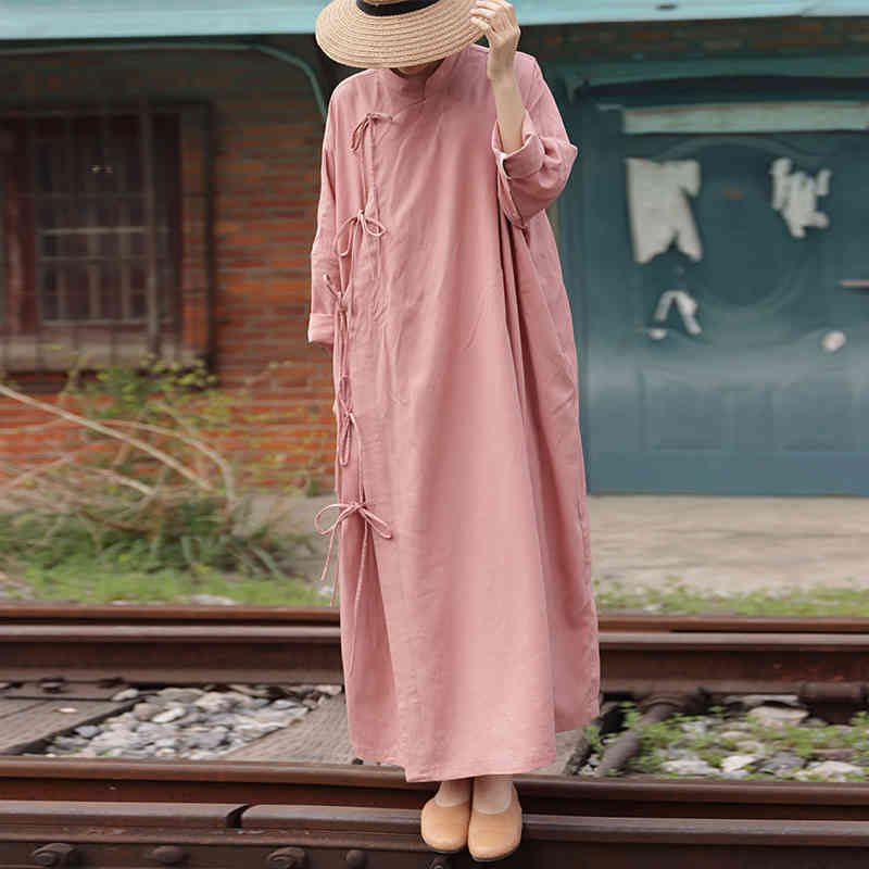 

Johnature Women Linen Belt Dresses O-Neck Long Sleeve Robes Loose Plus Size Spring Vintage Chinese Style Dresses 210521, Pink