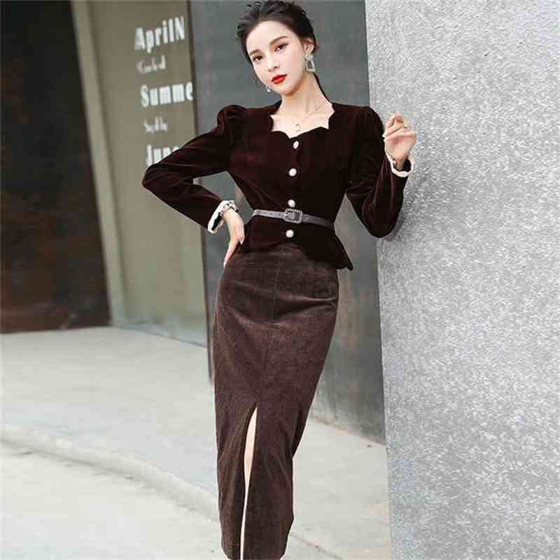 

Korean Spring Vintage Office OL Velvet Fashion 2 Piece Sets Women Elegant Square Collar Slim Shirt + Bodycon Pencil Skirts Suit 210519, Photo color