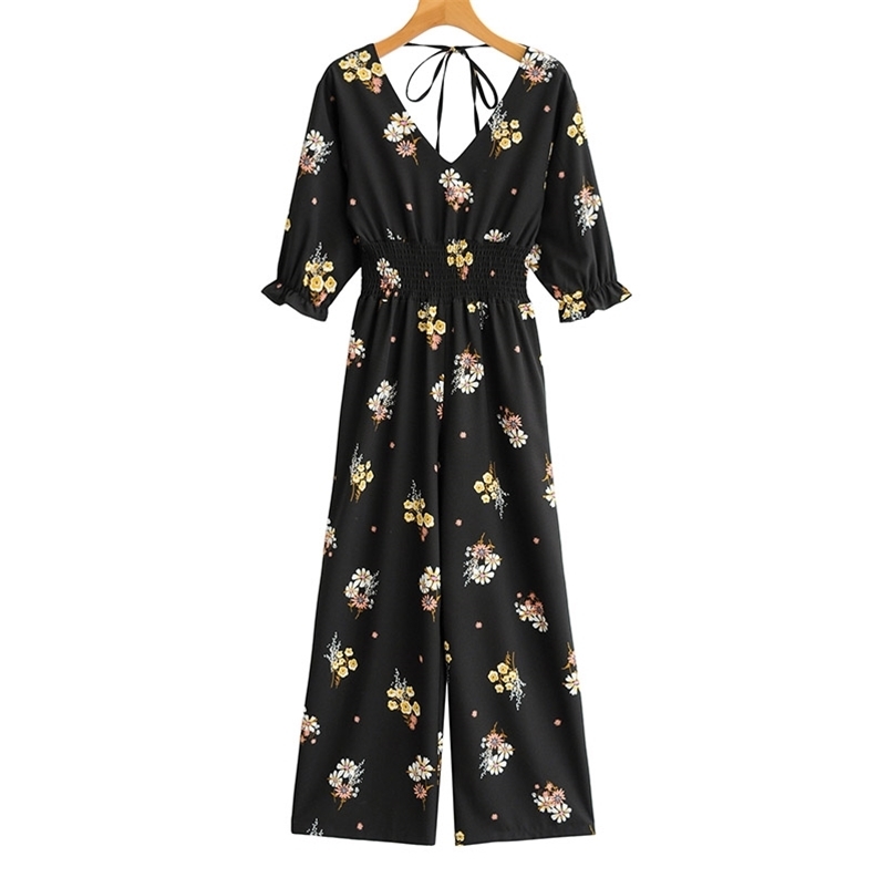 

Summer Women Sexy Jumpsuit Deep V-neck Printed Female Short Sleeve High Quality Jumpsuits 210524, Black