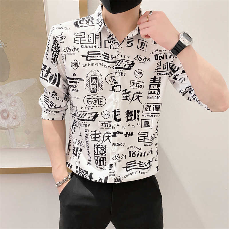 

Chinese Character Print Shirts Men Summer Short Sleeve Streetwear Shirts Slim Casual Social Shirt Party Nightclub Chemise Homme 210527, Beige