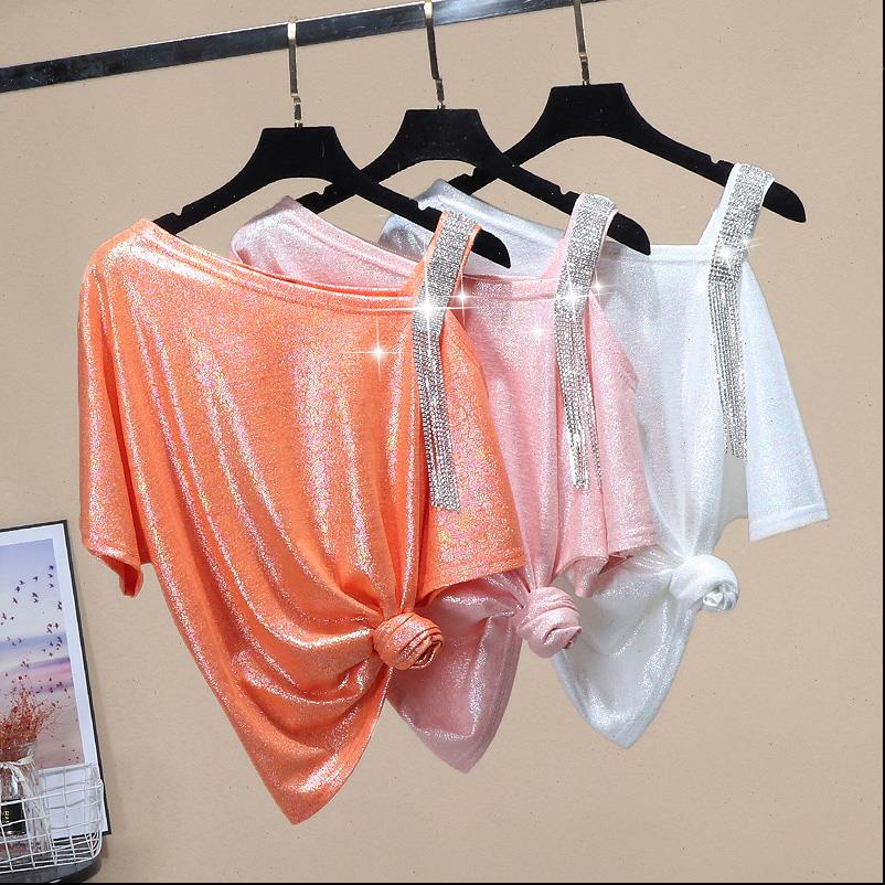 

loose womens t shirt woman short sleeve summer fashion off shoulder diamond tassel lady, White