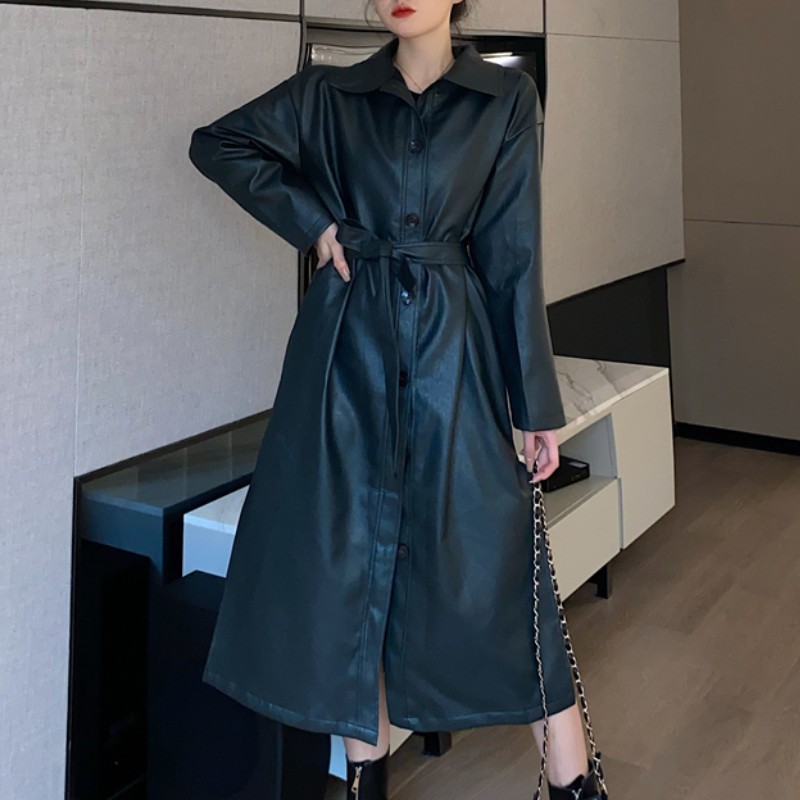 

Cool PU Leather Long Jacket Spring Autumn Women Loose Belt PU Leather Windbreaker Slim Trench Coat Female 210518, Black