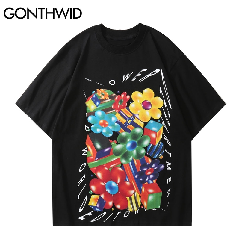 

Oversized Tees Shirts Hip Hop Graffiti 3D Flowers Short Sleeve Tshirts Streetwear Summer Harajuku Casual Cotton Tops 210602, Black