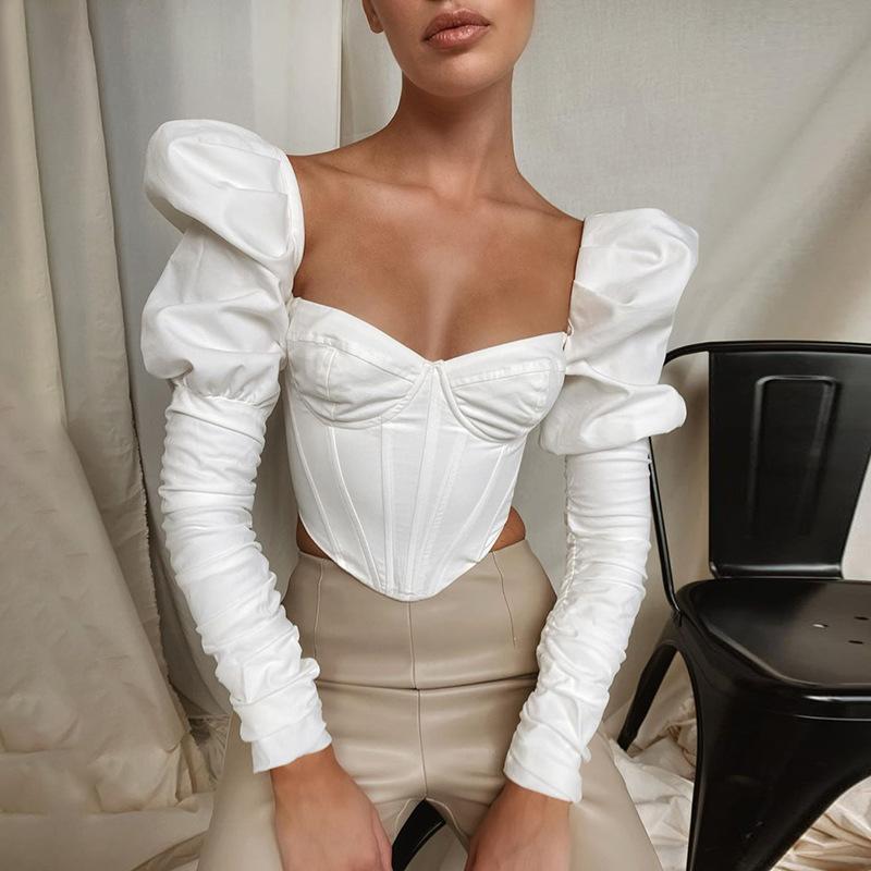 

Vintage Square Collar Corset Women Top And Blouse Shirts Elegant Puff Long Sleeve Crop Tops Sexy Low Cut Backless Blouses Blusas Women