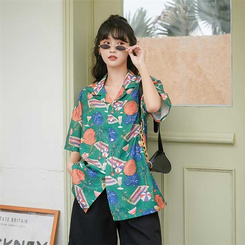 

summer vacation style shirt thin top green print short-sleeved women's bottoming loose 210527