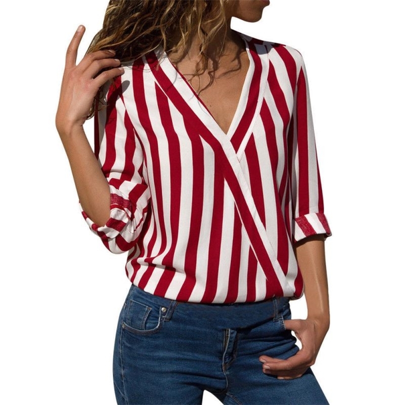 

Autumn Sexy V Neck Women Shirts Blouse Striped Long Sleeve Irregular Work Office Blouse Shirt Camisas Mujer 210518, Blue