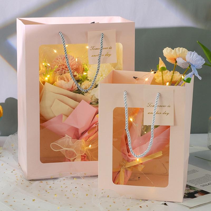 

Gift Wrap Paper Bag With Handle Portable Packaging Flower Box Wedding Party Tote Transparent Window Candy Solid Color