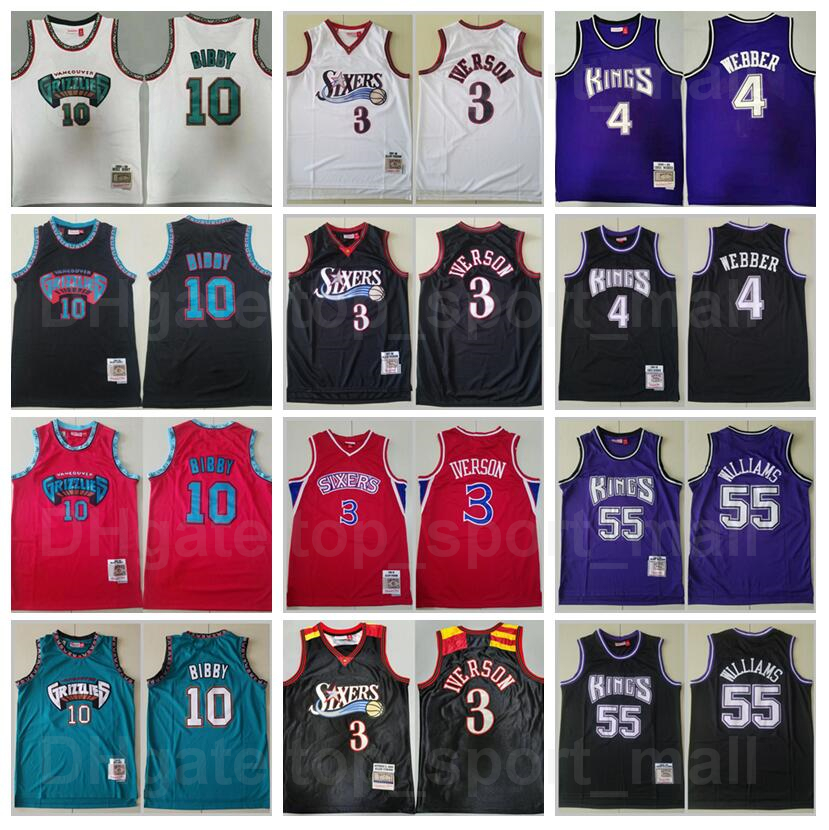 

Men Retro Basketball Allen Iverson Mitchell Ness Jersey 3 Jason Williams 55 Chris Webber 4 Michael Mike Bibby 10 Vintage Red Black White Blu, Black;red