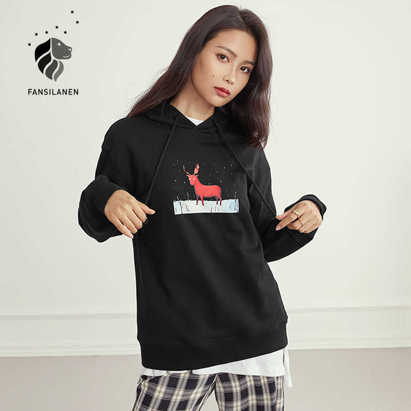 

FANSILANEN Original design cartoon women's hoodie sweatshirt Autumn winter casual streetwear oversized Cotton 210607, Black deer