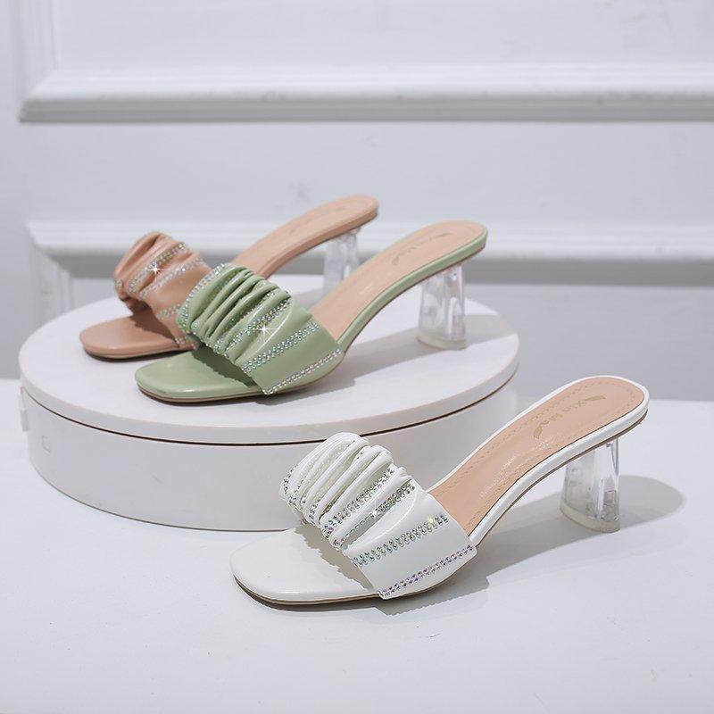 

Slippers Net Red Summer White One Line High Heel Sandals For Women, Green
