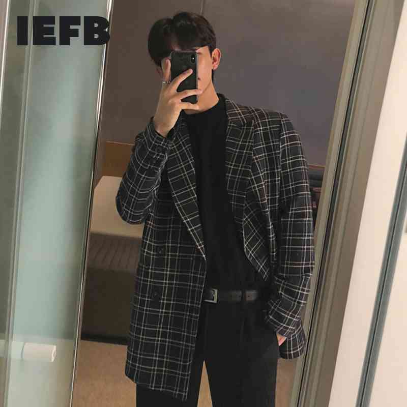 

IEFB men's wear single brested suit coat spring vintage loose plaid pattern blazer for male korean trend coat 210524, Ship in march 10th