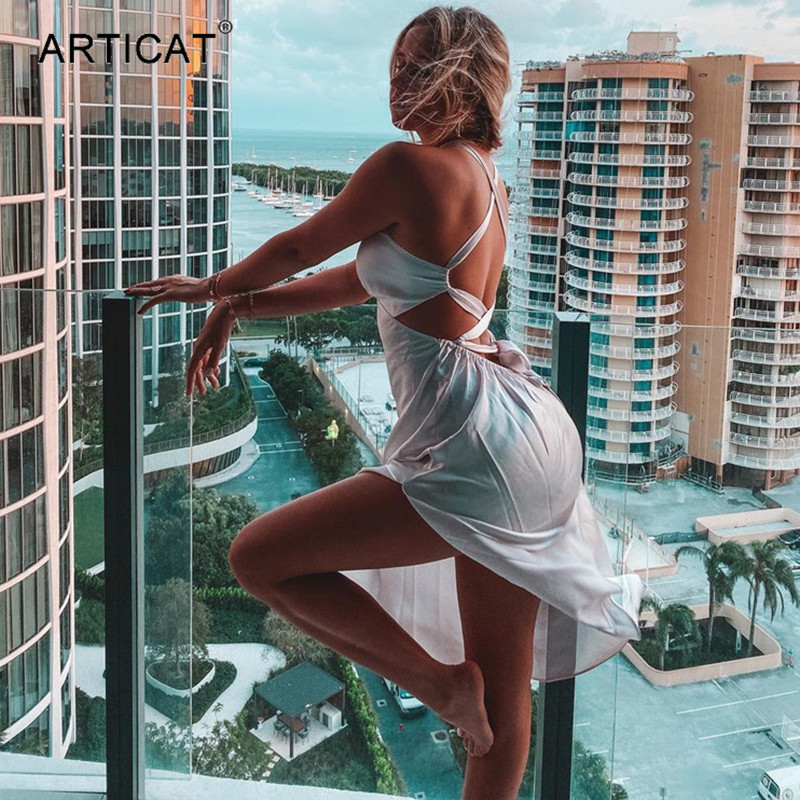 

backless high split women midi dresses white summer v-neck bandage satin beach holiday femme dress vestidos eleganthigh quality, Black;gray