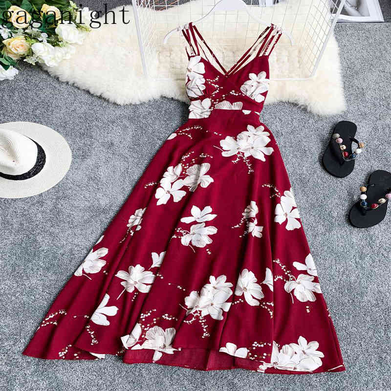 

Gaganight Flower Beach Party Women Long Dress Sleeveless Bandage V Neck Off Shoulder Dresses Female Holiday Backless Vestidos 210519, Red