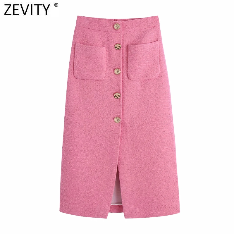 

Zevity New Women Vintage Pocket Patch Breasted Tweed Woolen Split Slim Skirt Faldas Mujer Ladies Back Zipper Chic Vestido QUN740, As pic qun740bb