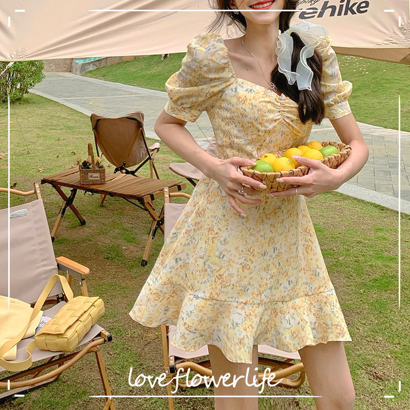 

Square Collar Yellow Mini Dress Women Short Sleeve Sweet Floral Printed Dress Beach Elegant Dress Korean Summer 210521, Pink
