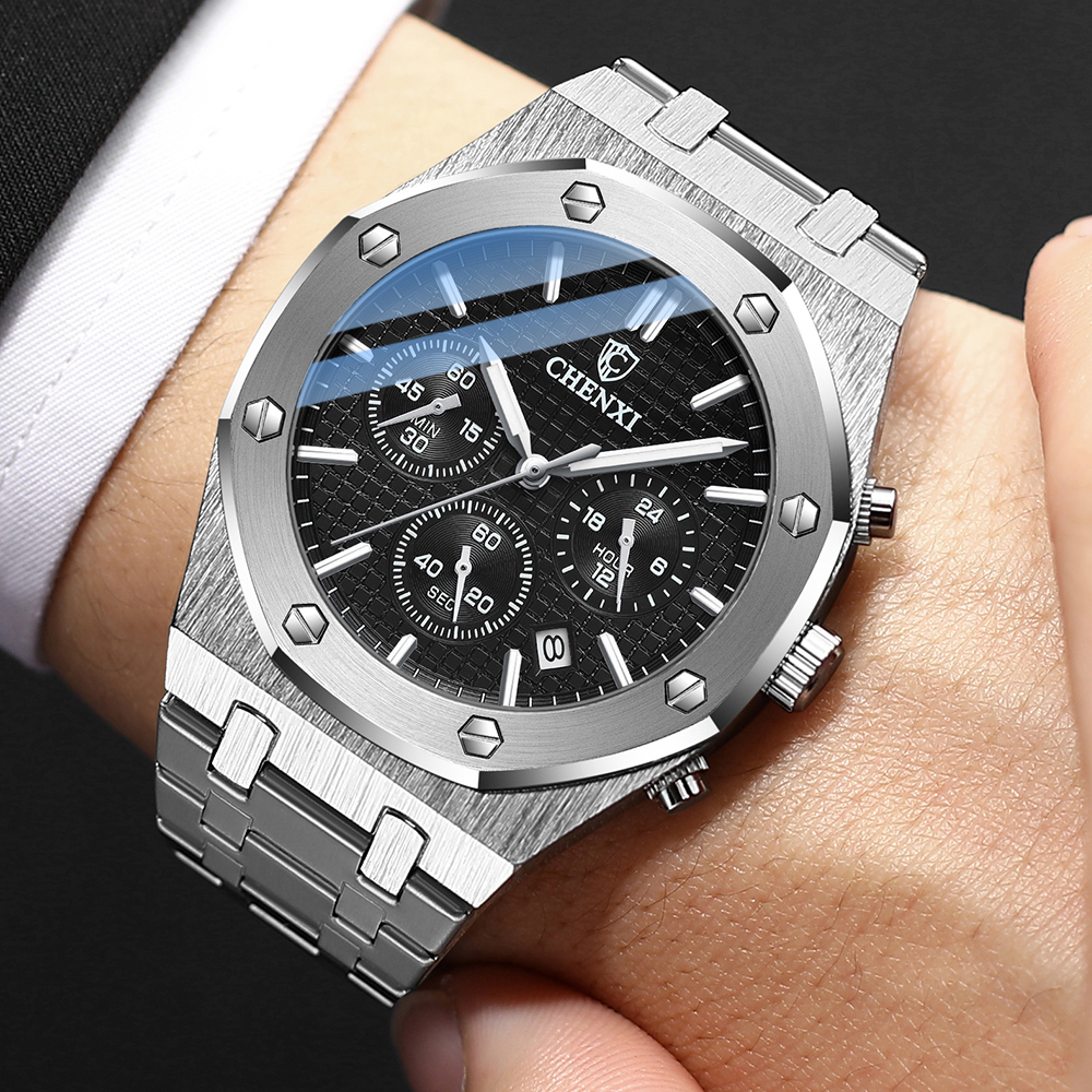 

CHENXI Fashion Business Mens Watches Top Luxury Brand Quartz Watch Men Stainless Steel Waterproof Wristwatch Relogio Masculinog, Silver black