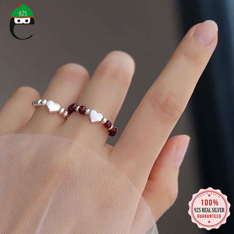 

cluster rings elfoplatasi real 925 sterling silver fashion sweet beads red heart elastic for women wedding party s925 jewelry dd1273, Golden;silver