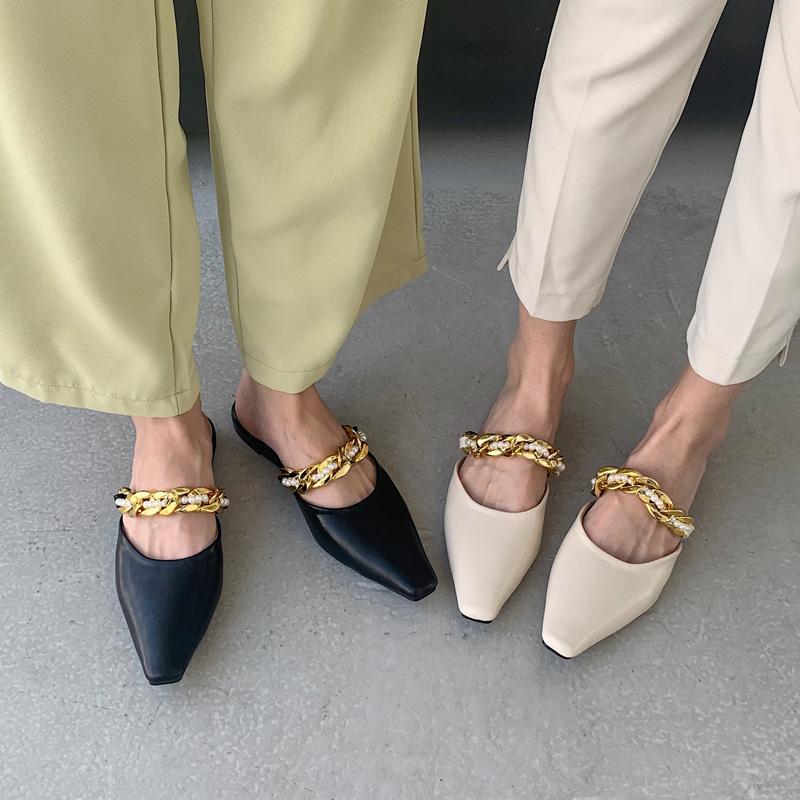 

Slippers Spring Summer Design Chain Pearl Mules Women Slipper Fashion Slip On Shoes Sandals Flats Casual Slides Flip Flop Black