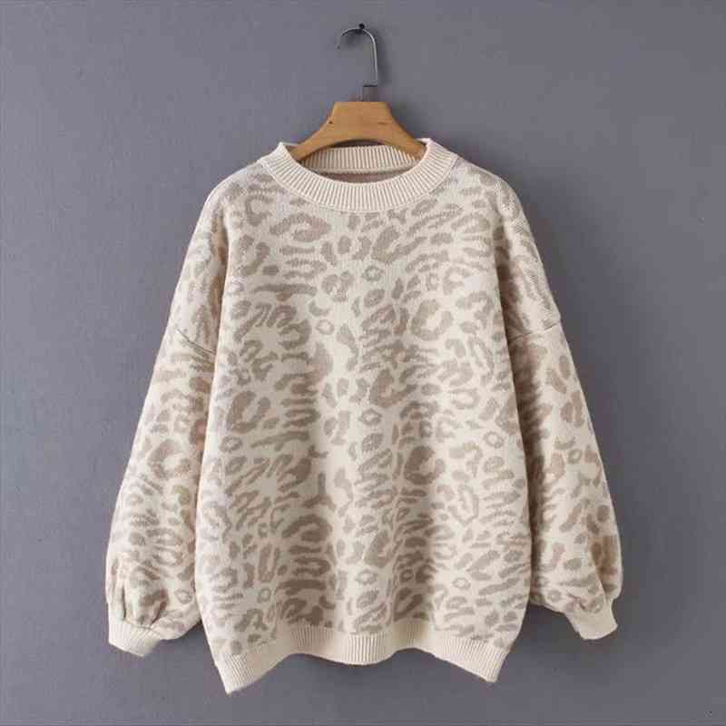 

women leopard knitted winter sweaters animal print thick long sleeve female pullovers casual knitwear, White;black