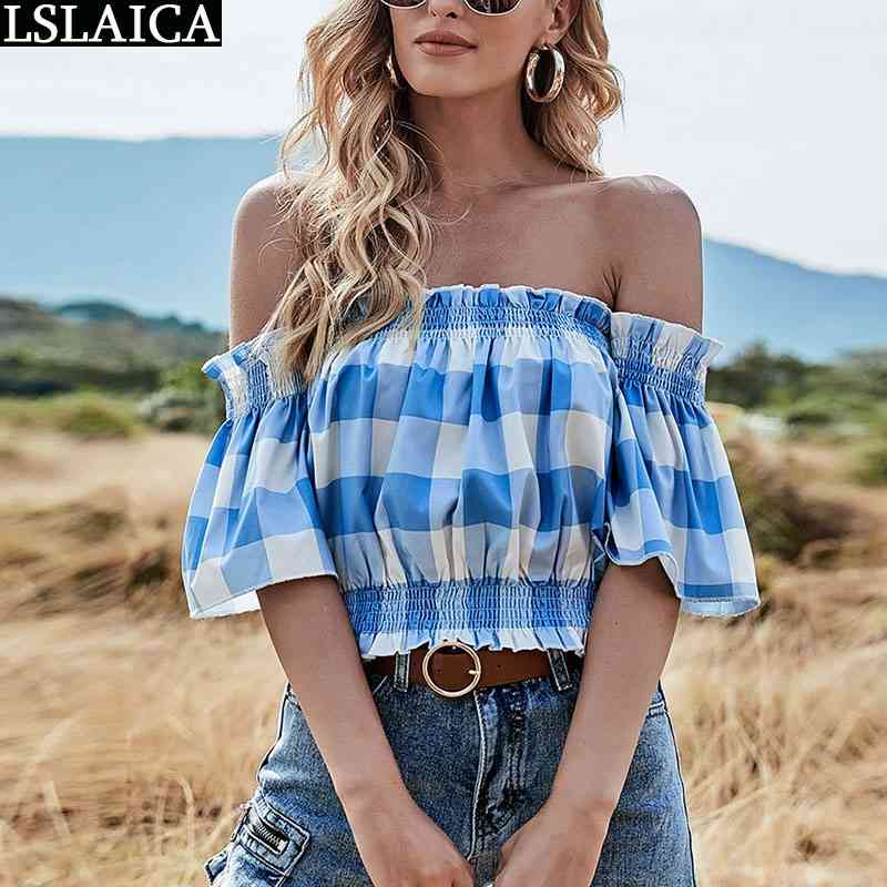 

Blue Plaid Printing Women' Blouse Half Sleeve Casual Off Shoulder Womens Clothes Sexy Night Club Slash Neck Blusas Mujer 210520, Sky blue