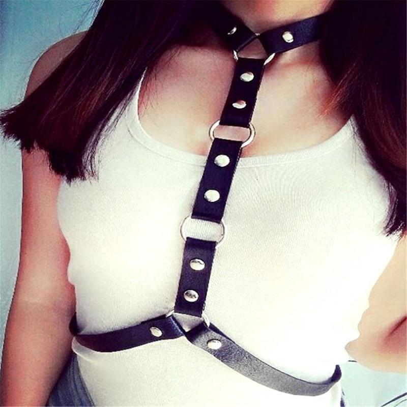

Belts Idopy Women`s Sexy Halloween Punk Cosplay O Ring Choker Faux Leather Belt Body Harness, White