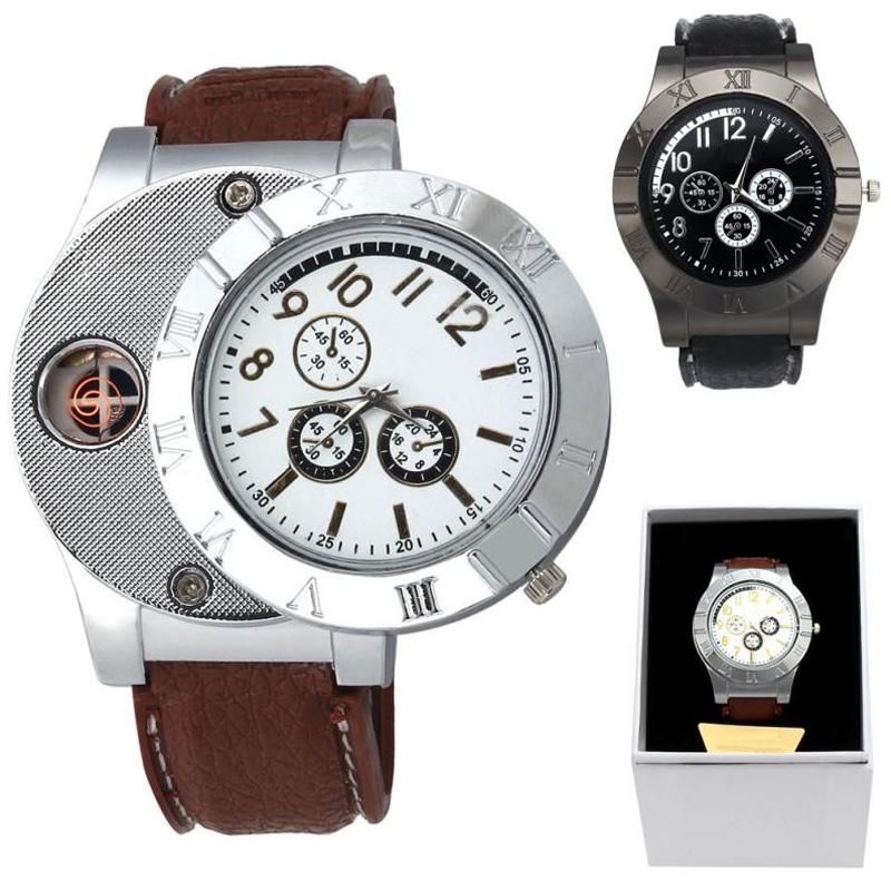

Wristwatches Man Watch 2021 Military USB Charge Windproof Electronic Flameless Lighter Creative Men Watches Quartz Wristwatch Gift, 032407brown