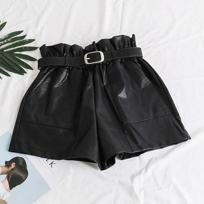 

Elastic High Waist Loose PU Leather Shorts Women England Style Sashes Wide Leg Short Ladies Sexy Leather Shorts Autumn Winter 210611, Khaki