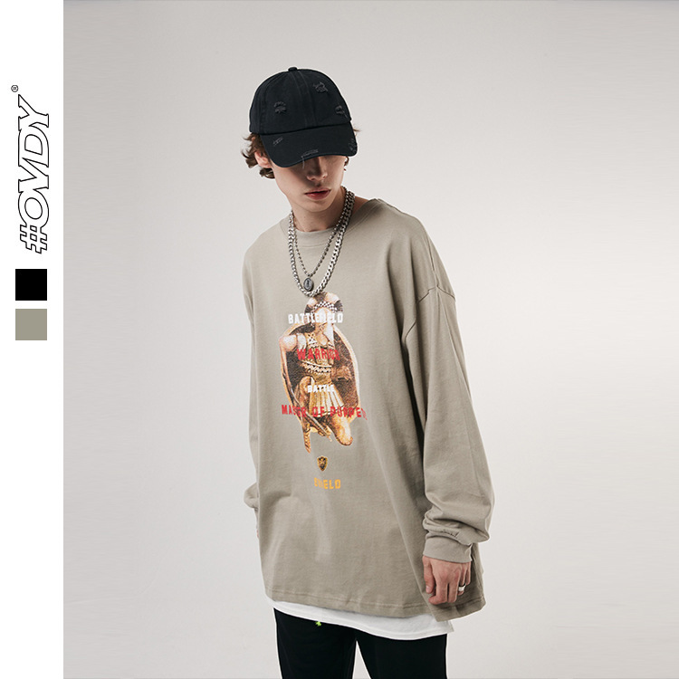 

wxwovdy 2021 autumn new trend couple war horn print round neck long sve men, Black