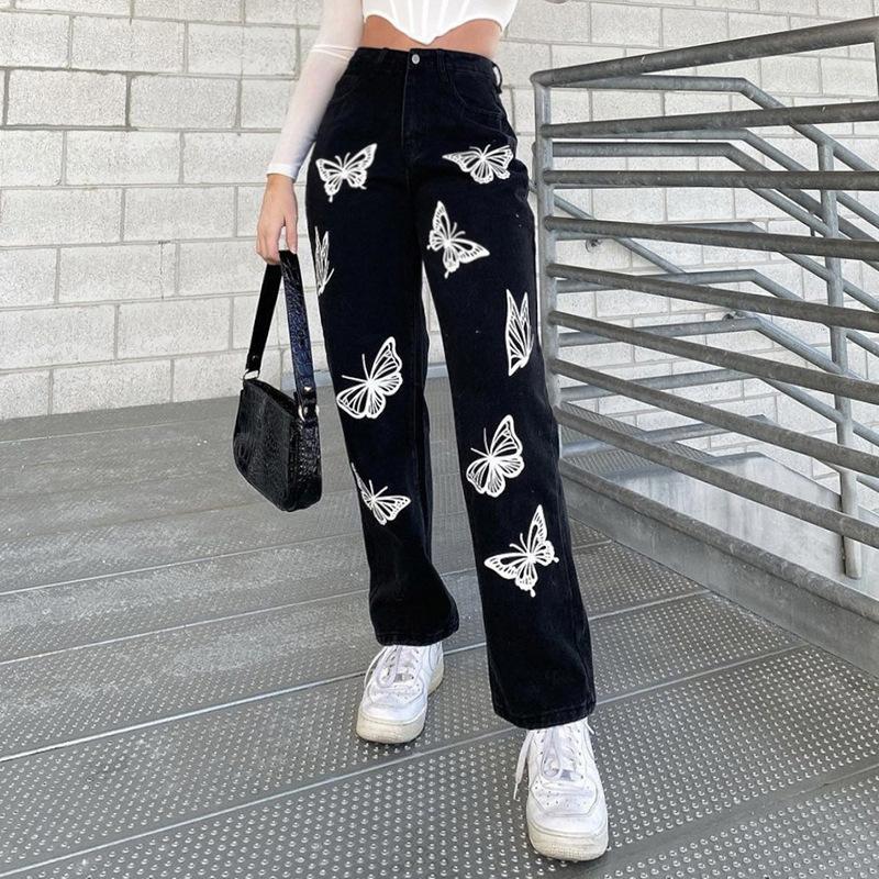 

Black Baggy Jeans Women Butterfly Print Aesthetic Denim Pants Fashion High Waist Straight Long Trousers Ladies Streetwear 2021 Women
