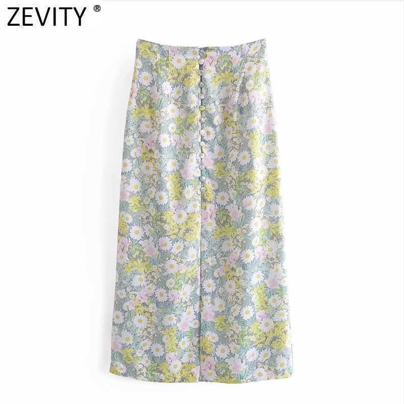 

Zevity Women Sweet Floral Print Single Breasted A Line Midi Skirt Faldas Mujer Female Chic Back Zipper Slim Vestido QUN779 210603, As pic qun779wf