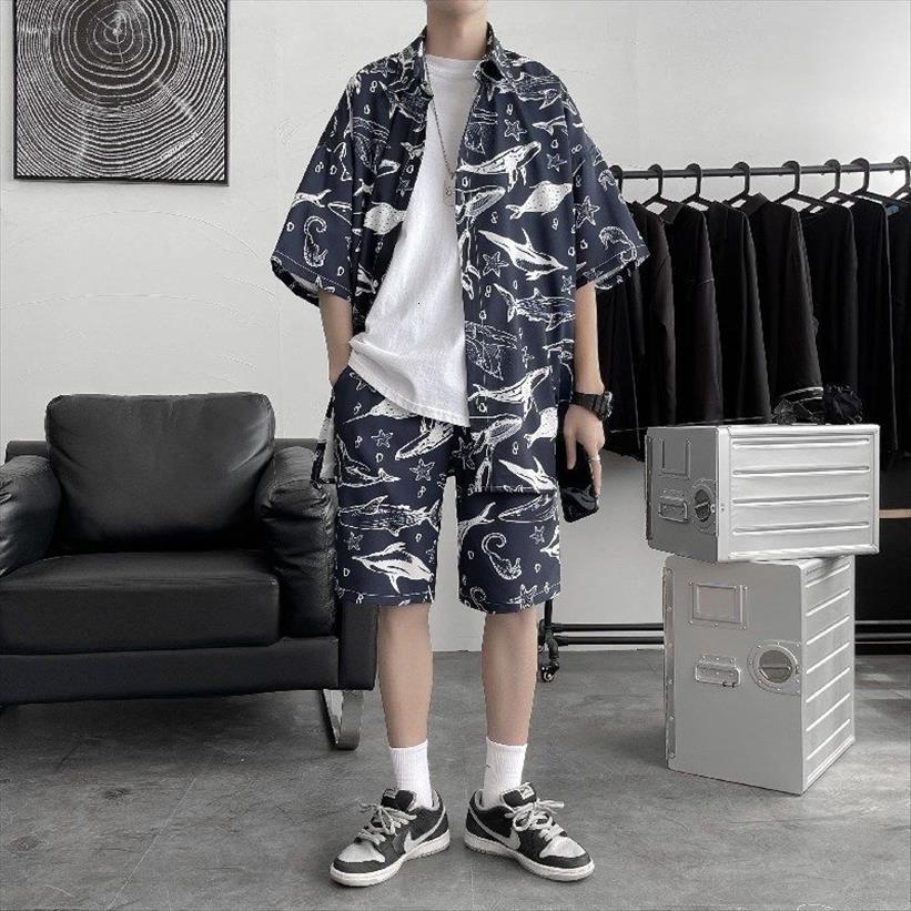 

shorts shirts summer cartoon printing men tracksuit short sleeve shirt casual beach couple sets clothes elastic waist, Gray