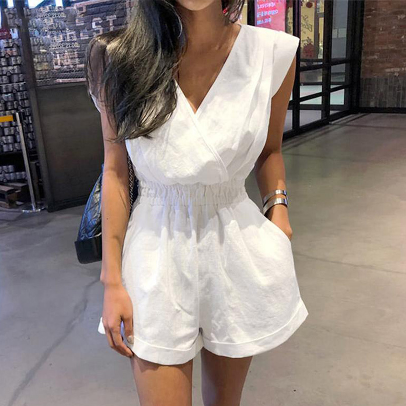 

Women Short Playsuit V-neck Sleeveless Solid Backless Ladies Overalls Paysuits Large Size 3XL Loose Tunic Summer Casual Rompers 210518, White