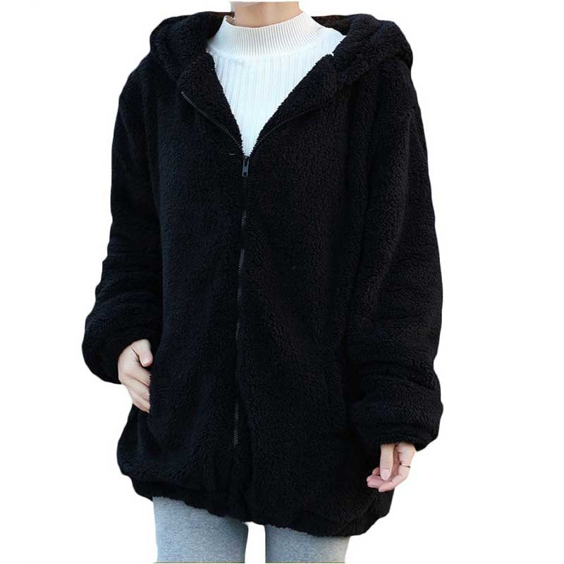 

Women Hoodies Zipper Girl Autumn Loose Fluffy Bear Ear Jacket Outerwear Coat Cute Sweatshirts 2020, Black;brown