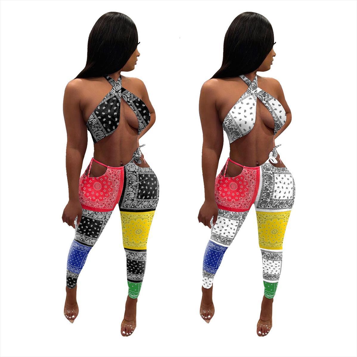 

halter bandana club outfit womenpant criss cross crop and bandage pants two pieces sets party beach wear summer, White