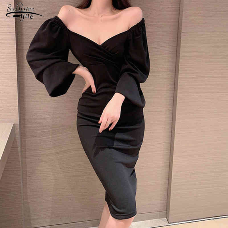 

Spring Autumn Sexy Dress Off-Shoulder Knee-length Skinny Slash Neck Black Long Puff Sleeve es Vestidos 12774 210521