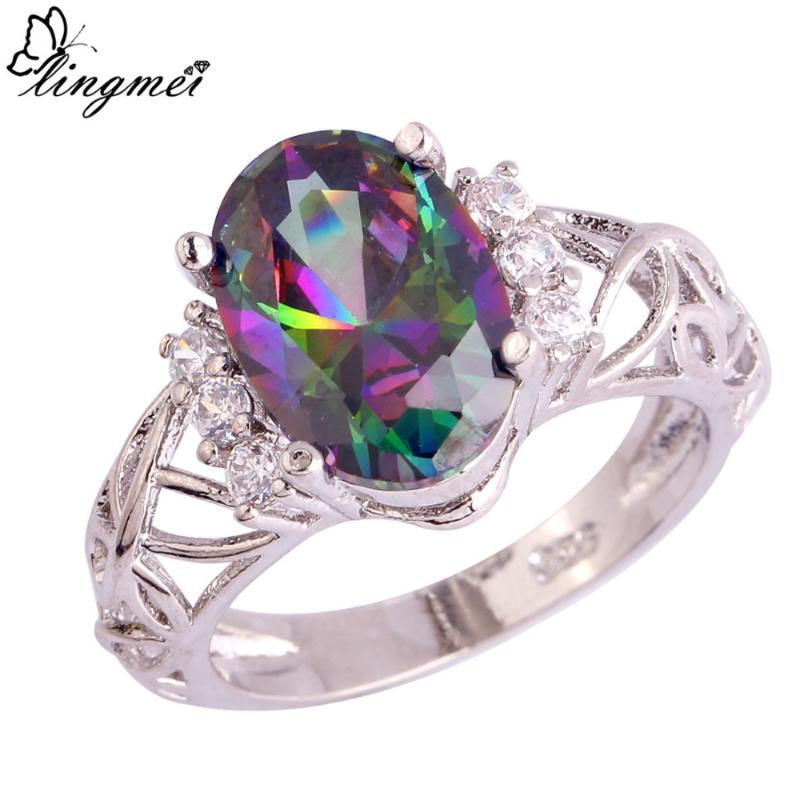

Cluster Rings Lingmei Wholesale Cocktail Mystic Jewelry Rainbow & White CZSilver Color Ring Size 6-9 10 11 Unisex Fashion Party