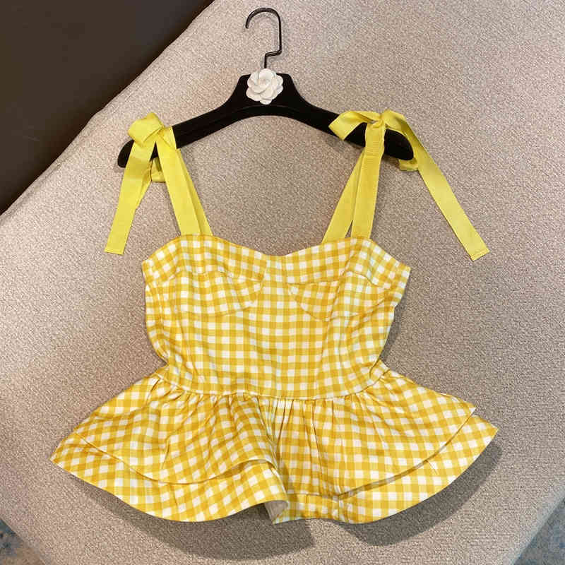 

summer fashion women clothes straps plaided breasted high waist ruffles top female tanks WR70907L 210525, Checkerboard