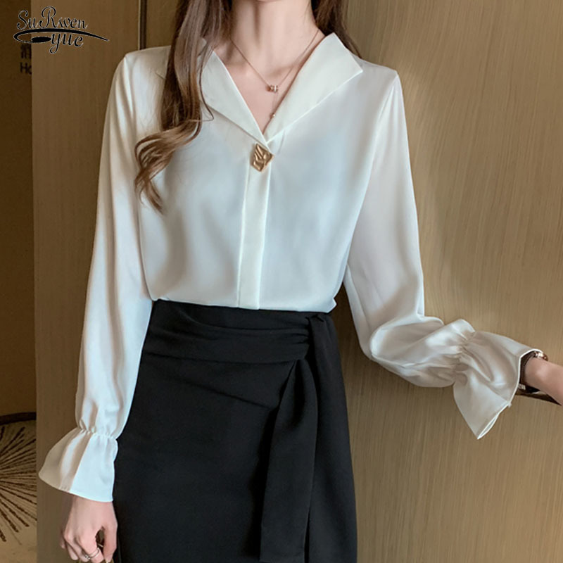

Autumn Fashion Korean Satin Shirts Women Women' Long Sleeve Solid Office Lady Elegant Loose Ladies Tops Blusas 10497 210521, Apricot