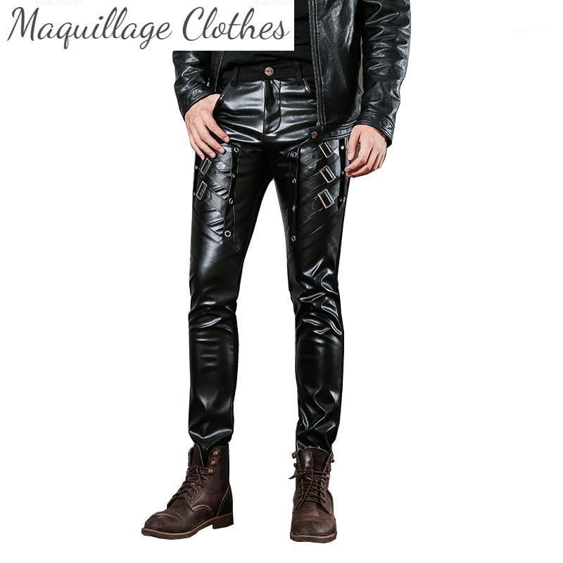 

Men's Fashion Punk Leather Pants Slim Fit Motorcycle Casual Trousers For Male NightClub Stage, Black