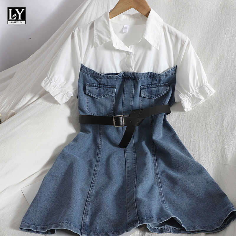 

LY VAREY LIN Summer Women Casual Lapel Puff Sleeve Fake Two Pieces Dress with Belt Sweet High Waist A-line denim 210526, Blue