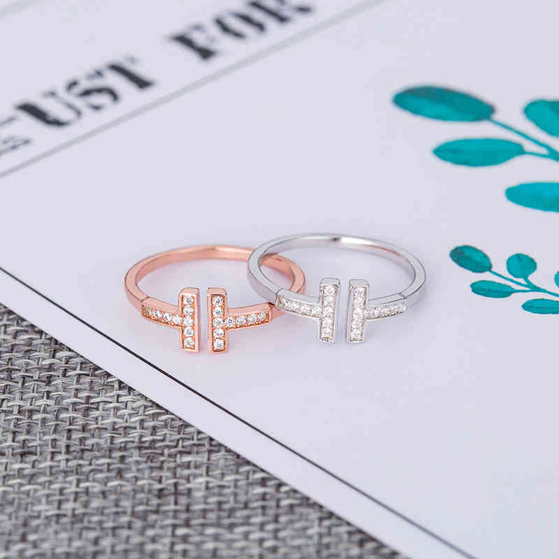 S925 Sterling Silver Double T-letter Ring Simple Classic Opening Diamond Personalized Fashion Student-image-742797359