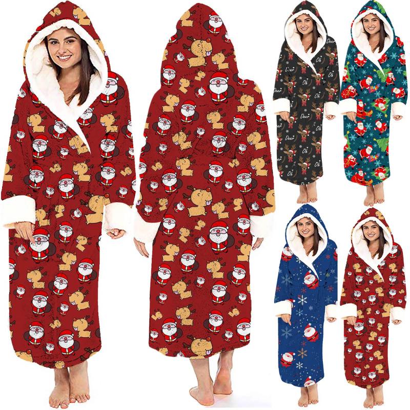 

Women's Sleepwear Christmas Women Flannel Pajamas Bathrobe For Santa Print Shawl Collar Belted Warm Fleece Robe With Pockets 2022, Black;red