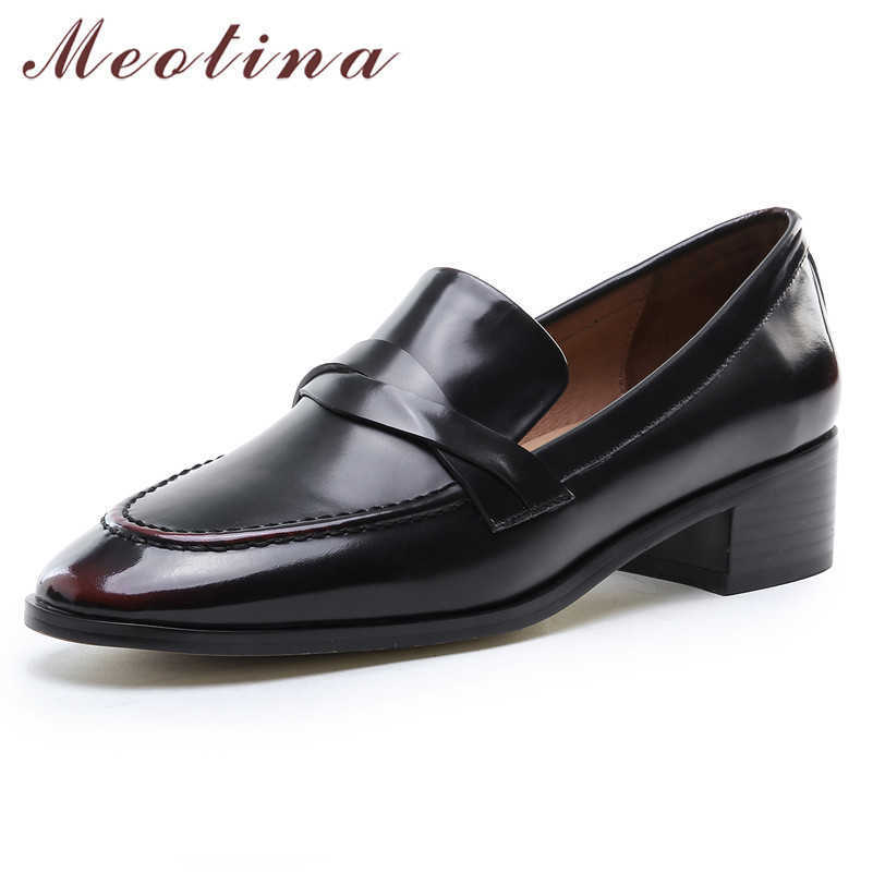 

Meotina High Heels Women Pumps Natural Genuine Leather Chunky Heels Shoes Cow Leather Mixed Colors Round Toe Shoes Lady Size 40 210608, Black