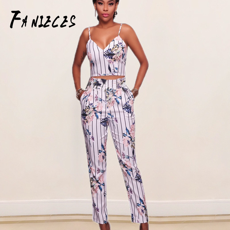 

Sexy Summer Two Piece Set Striped Spaghetti Strap Crop Top And Long Pants 2 Women Party Nightclub Outfits streetwear 210520, White